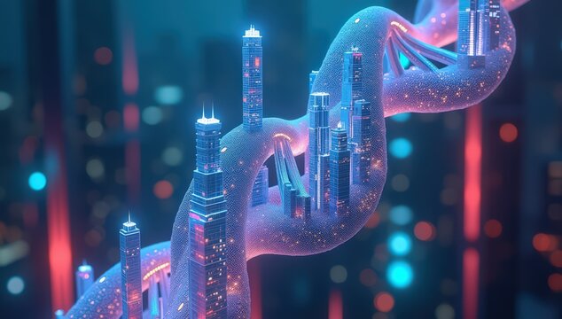 A futuristic DNA strand formed from glowing holographic skyscrapers spiraling into a cyberpunk skyline. Neon accents and reflective glass textures create a high-tech, urban aesthetic. This surreal dig - Powered by Adobe