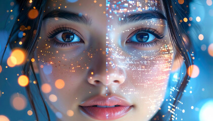 Futuristic Digital Identity & Biometric Scanning: Close-up of a Woman's Face with Projected Data, Representing Artificial Intelligence, Machine Learning, and the Fusion of Humanity with Technology.