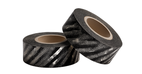black and white diagonal striped tape, with contrasting black patterns printed on the sides of each roll, against an isolated background