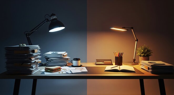 A desk showing the comparison between work stress and a balanced life