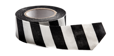 black and white diagonal striped tape, with contrasting black patterns printed on the sides of each roll, against an isolated background