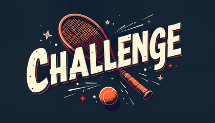Tennis challenge with racket and ball on dark background
