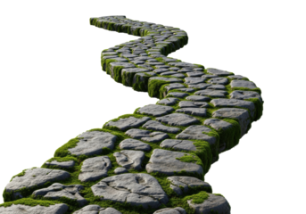 Rugged dark grey textured stone path with vibrant emerald moss, winding right, descending, against transparent studio background. Concept of arduous trails and timeless endurance