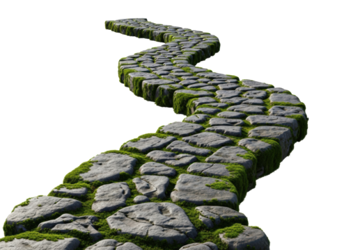 Rugged dark grey textured stone path with vibrant emerald moss, winding right, descending, against transparent studio background. Concept of arduous trails and timeless endurance