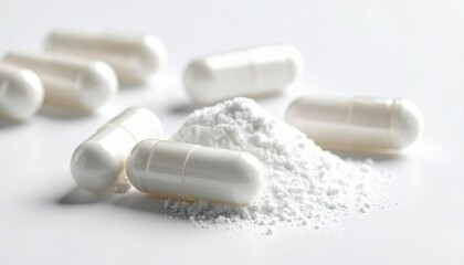 Close-up white powder soft capsules supplements on white background.