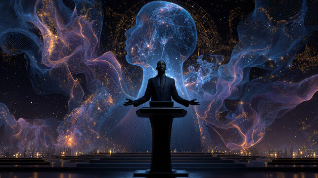 Abstract mash line and point business man standing behind rostrum on white background with an inscription. Starry sky or space, consisting of stars and the universe. Vector business illustration
