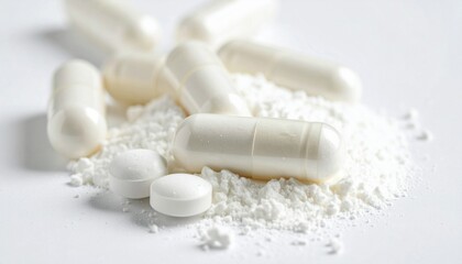 Close-up white powder soft capsules supplements on white background.