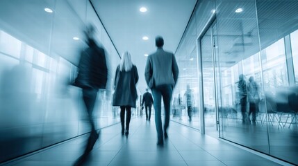 People walk purposefully down a modern, glass-walled hallway in a blurred, dynamic scene.