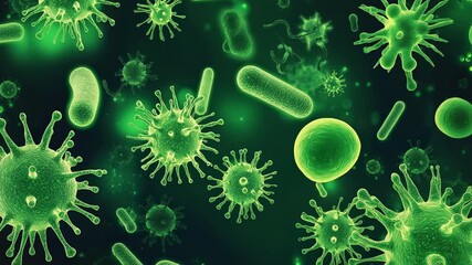 Virus video with green bacteria cells under microscope medical science microbiology infection concept - Powered by Adobe