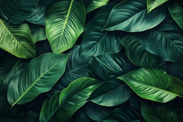 The texture of dark tropical leaves features natural patterns and is accentuated by atmospheric moody lighting