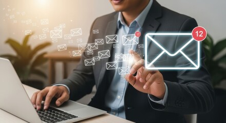 Person using laptop with many digital email messages and notification count overlay