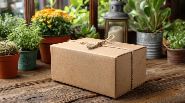 Wrapped Gift on Wooden Surface with Plants