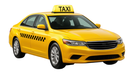 Yellow taxi with roof light and black checkered stripe on the side.