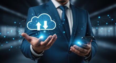 Businessman holding a glowing cloud computing icon with upload and download arrows, symbolizing data transfer