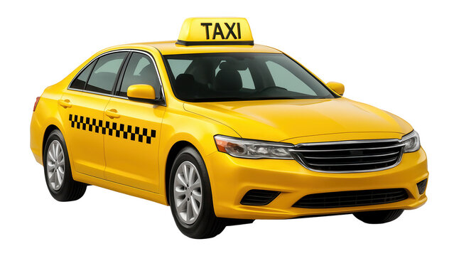 Yellow taxi with roof light and black checkered stripe on the side.