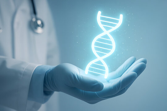 Doctor holding glowing DNA helix in hand double helix