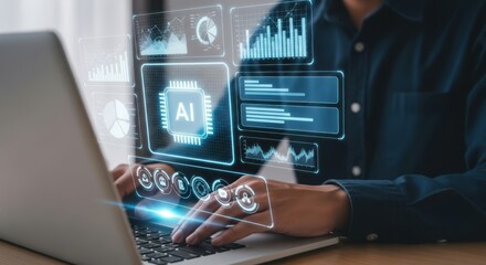 Man working on laptop with ai and data analytics interface on screen