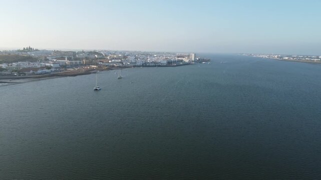 Drone shot of Rio Guadiana with Ayamonte in Spain