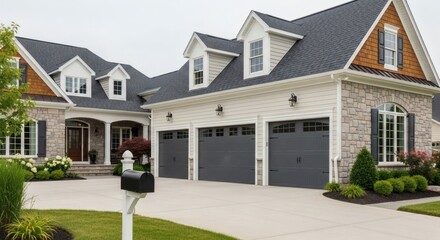 Elegant suburban residence with a three-car garage and manicured landscaping under a cloudy sky.