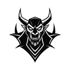 Fierce demon head with sharp horns and menacing eyes in black and white
