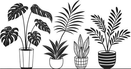 Set of indoor potted plant silhouette vector icons, perfect for gardening design, botanical home decor, foliage illustrations, eco-friendly artwork.
Exotic Palm Leaves, Monstera, and Botanical Foliage