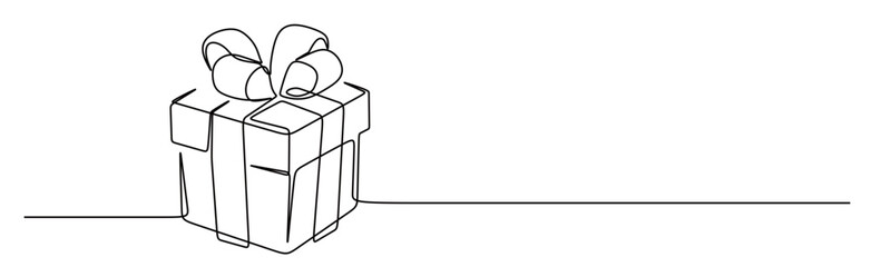 Continuous line art of a gift tied with a ribbon. Concept of a celebration and Christmas gifts. Concept of a surprise on a special day. Vector illustration