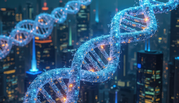 A futuristic DNA strand formed from glowing holographic skyscrapers spiraling into a cyberpunk skyline. Neon accents and reflective glass textures create a high-tech, urban aesthetic. This surreal dig