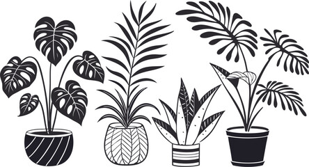 Set of indoor potted plant silhouette vector icons, perfect for gardening design, botanical home decor, foliage illustrations, eco-friendly artwork.
Exotic Palm Leaves, Monstera, and Botanical Foliage