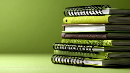 Stack of spiral-bound notebooks on green background