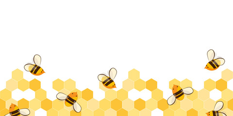 Seamless border pattern with honeycomb and honey bees. Cute beekeeping frame design isolated on white background. Vector illustration