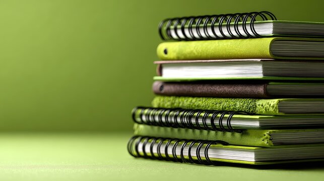 Stack of spiral-bound notebooks on green background - Powered by Adobe
