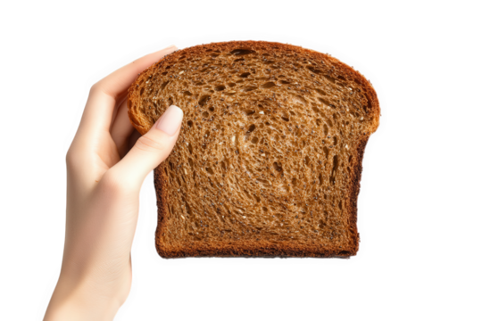 Hand holding a slice of whole wheat brown bread isolated on transparent background