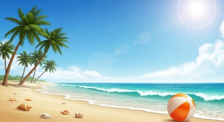 Fototapeta premium Tropical beach, palm trees, orange volleyball, sunny paradise, ocean waves, sandy shore