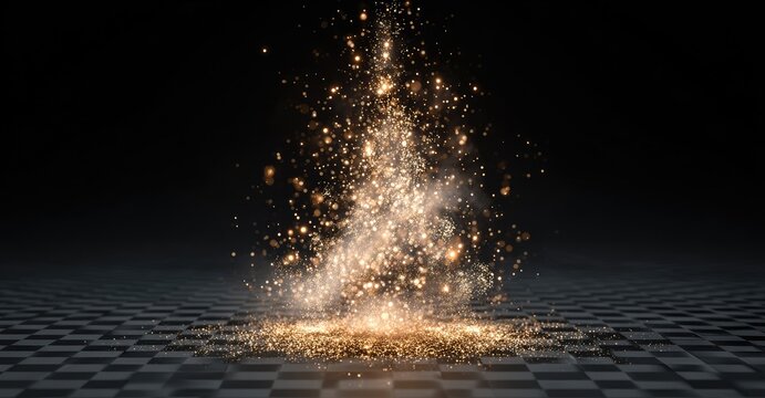 Glowing particles rise from a dark checkered floor