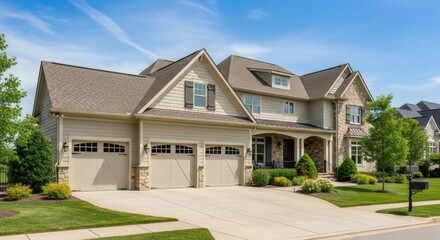 A grand, multi-story suburban home with a large three-car garage, manicured lawn, and inviting entryway under a clear blue sky.