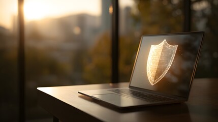 Laptop displaying a digital shield against a blurred background symbolizing cyber security measures taken