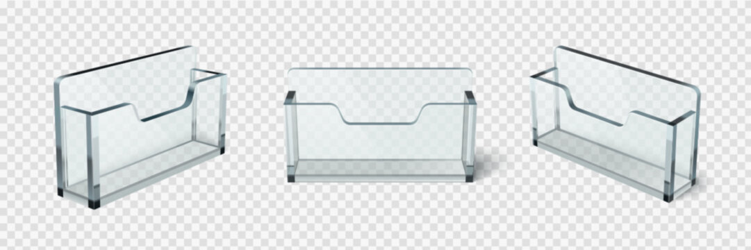 Card holder stand with transparent acrylic construction and stable base for business card or brochure display. desktop organizer design in different angles with slot opening and clear material finish. - Powered by Adobe