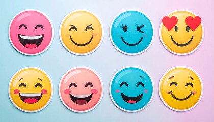 Fototapeta premium Eight Colorful Emojis with Various Expressions on a Gradient Background
