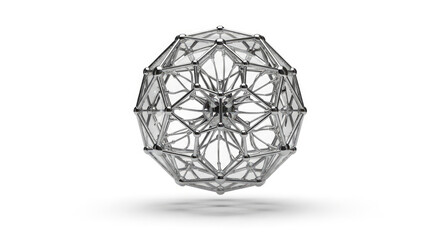 A complex sphere made of metal rods and transparent panels on a white background studio shot