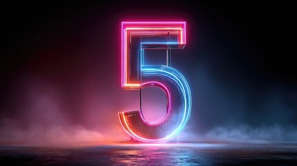 Glowing neon number five on dark background (1)