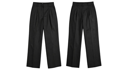 Two black pleated trousers on display on transparent background