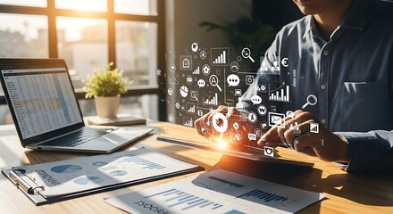 Modern business professional analyzing data analytics on tablet for smart financial strategy and growth