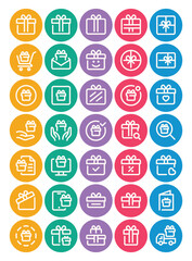 Circle color outline icons set for Gift box, present, surprise.