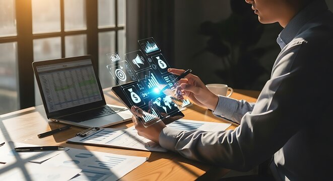 Professional analyzing vibrant digital data on tablet with dynamic charts and graphs for business insights