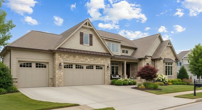A large, well-maintained suburban house with a three-car garage, stone accents, and manicured landscaping under a bright, cloudy sky. - Powered by Adobe