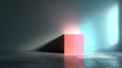 Illuminated pink cube in minimalist room