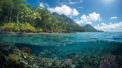 A vibrant forest ecosystem stretches from a mountain ridge in the background to a coral reef in the foreground, with a diverse array of flora and fauna throughout, including tall trees, lush green veg