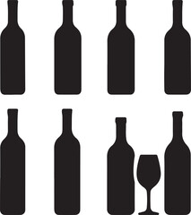  Silhouette set of wine bottles and glasses for bar and party design