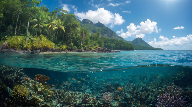 A vibrant forest ecosystem stretches from a mountain ridge in the background to a coral reef in the foreground, with a diverse array of flora and fauna throughout, including tall trees, lush green veg