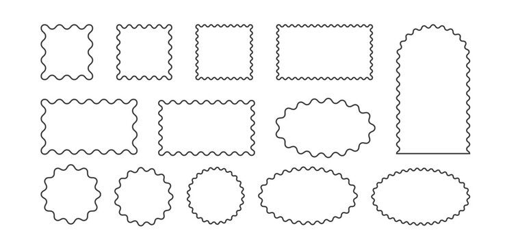 Wavy scallop edge frame set. Wave square, rectangle, circle geometric shape. Scalloped wiggle border. Squiggly cloud arch stickers. Empty text boxes. Vector illustration isolated on white background.